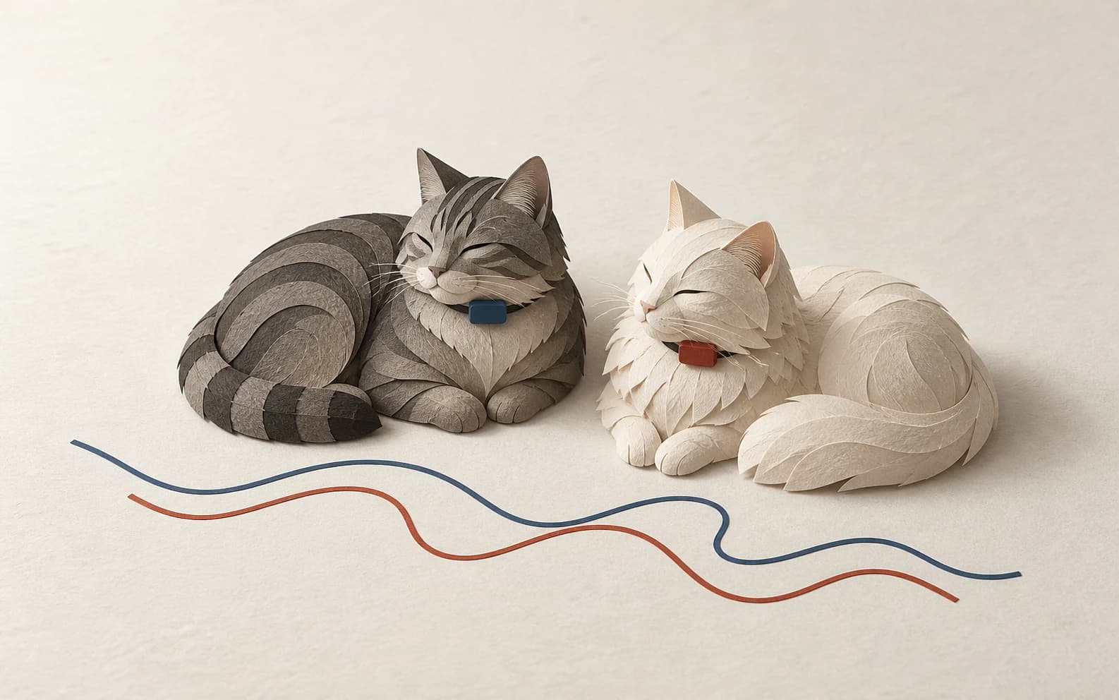 Two resting cats wearing sensor collars beside delicate traces of their daily activity