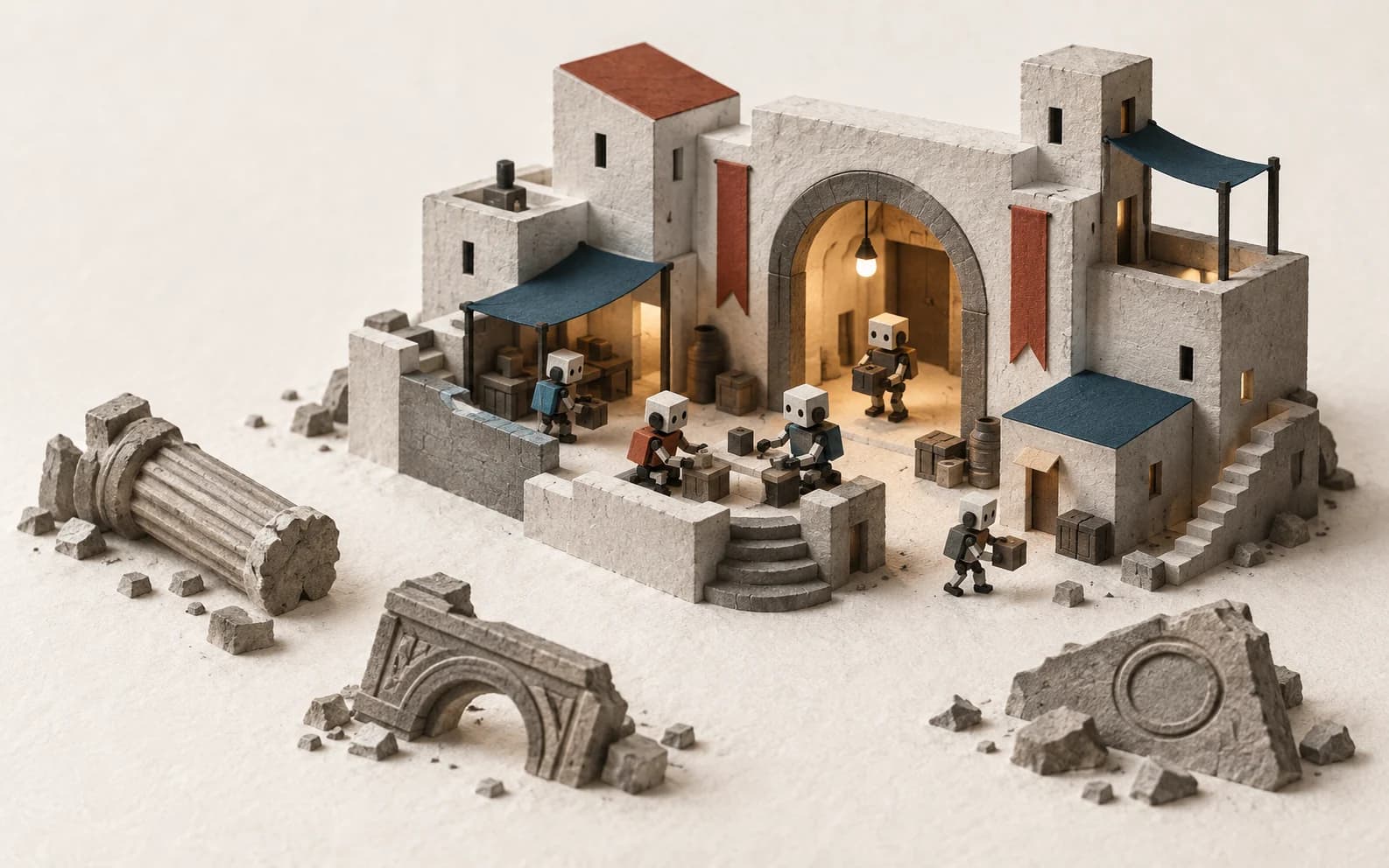Miniature workers gathered in a stone refuge around a softly lit central portal