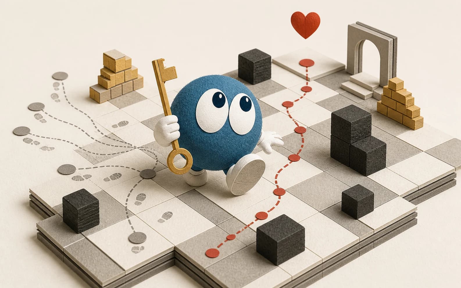 A round blue hero carrying a gold key through a paper puzzle maze toward a red heart