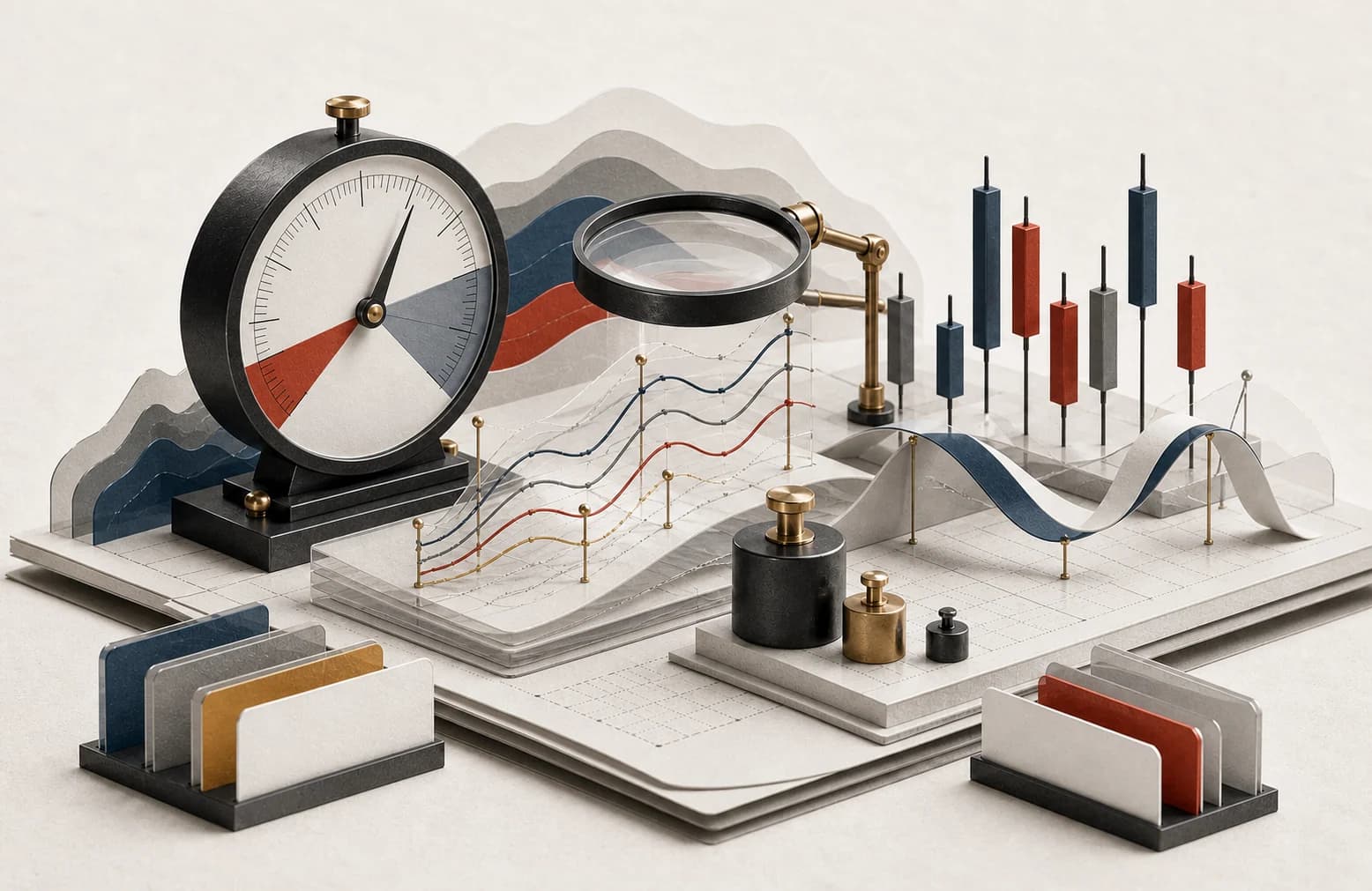 An analytical workbench of market gauges, charts, curves, and calibration weights