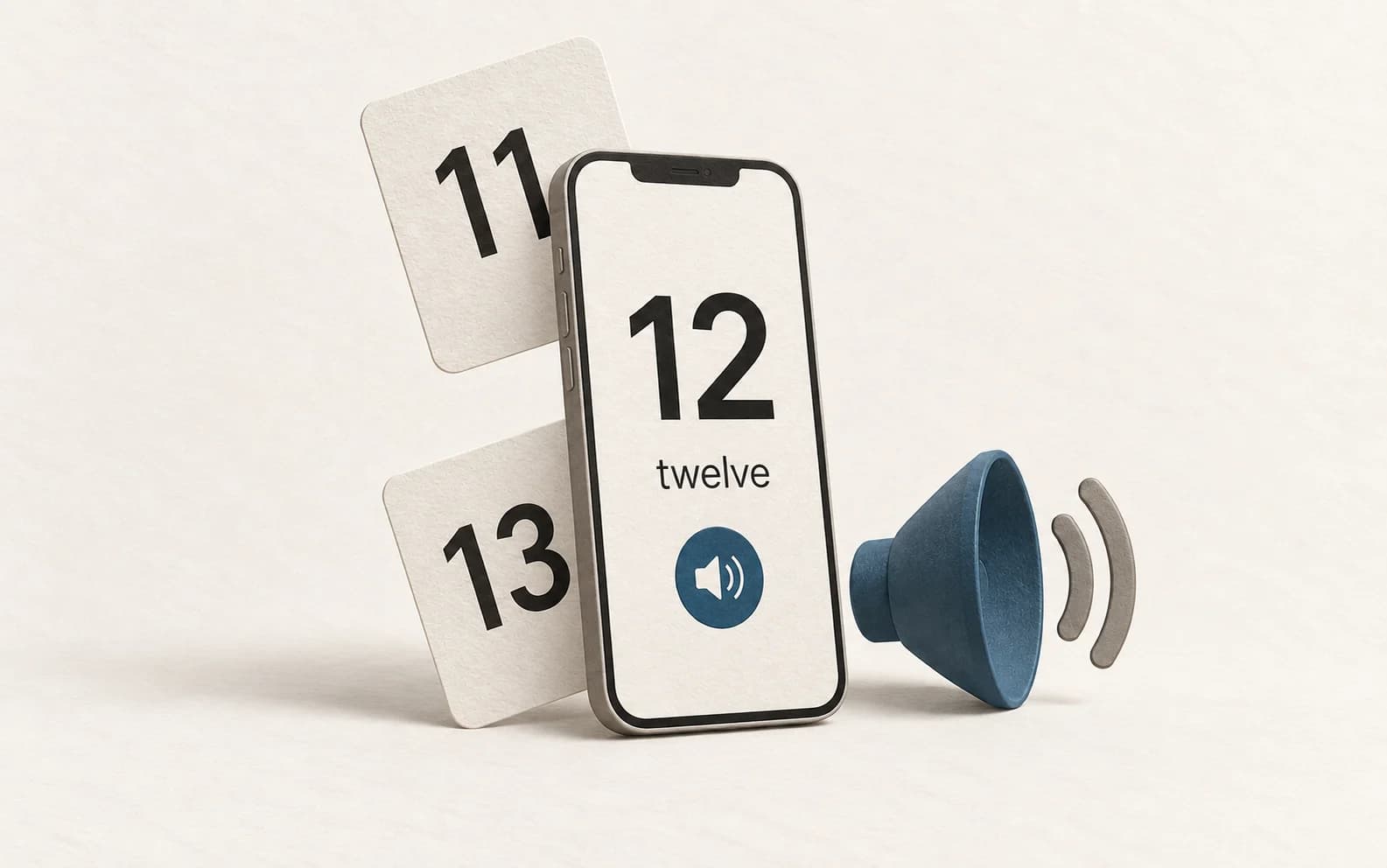 A smartphone displaying twelve between number flashcards and a speaker