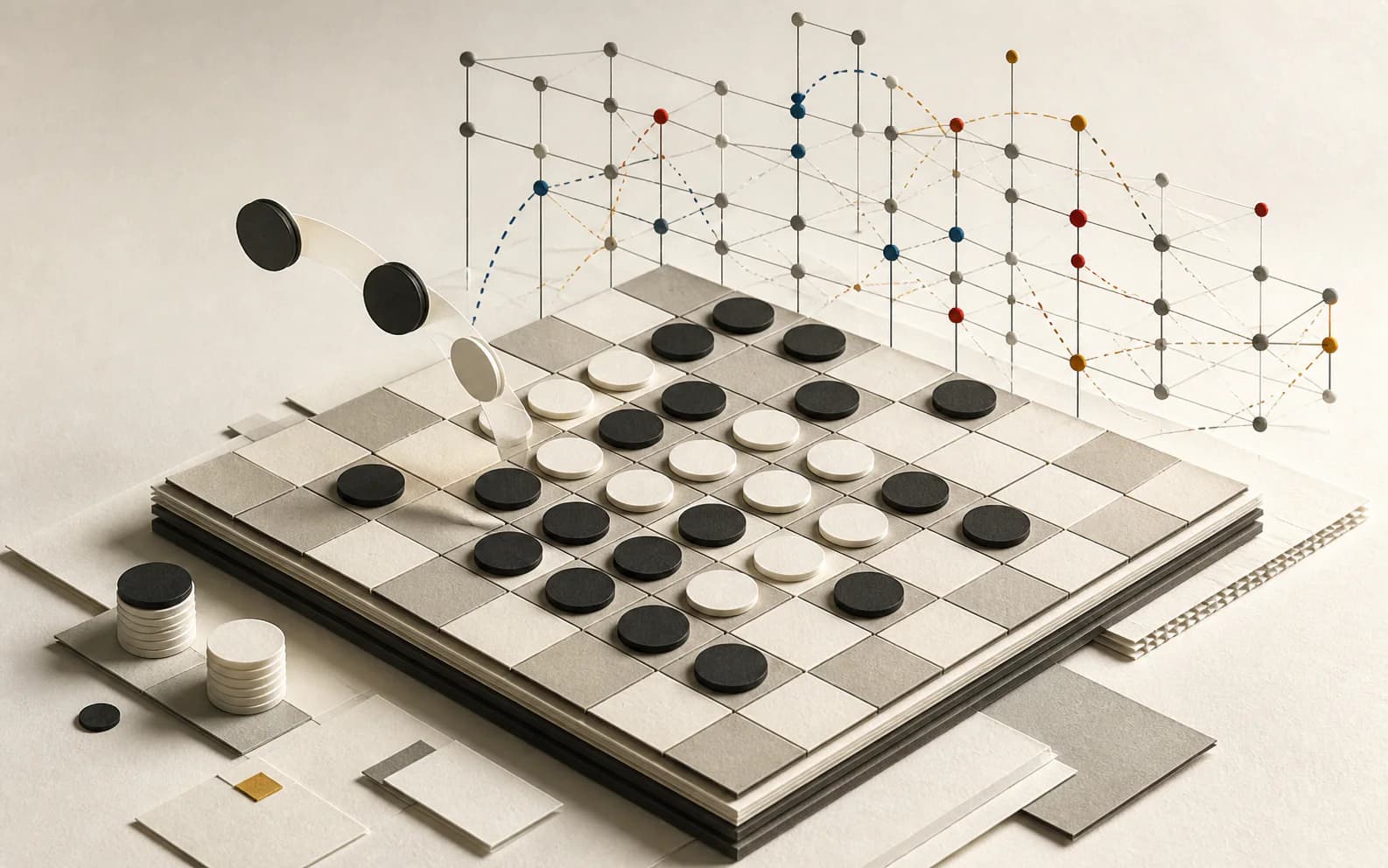 A layered Othello board with flipping discs and a lattice revealing the model’s internal board representation