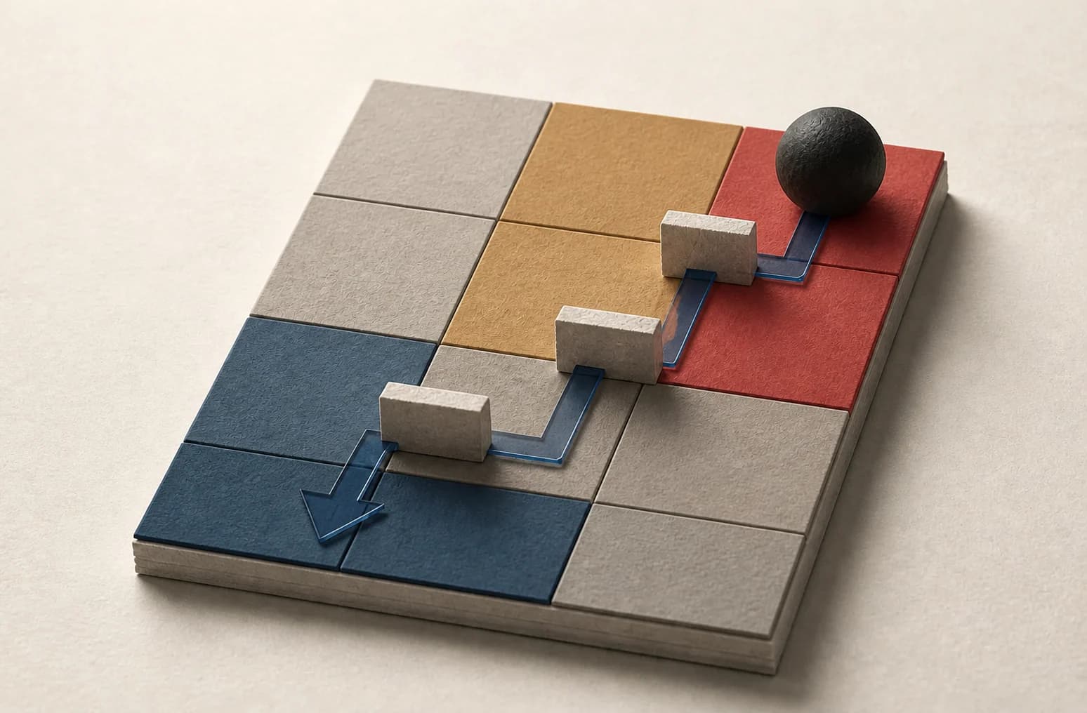 A risk moving down a colored matrix through a sequence of protective actions