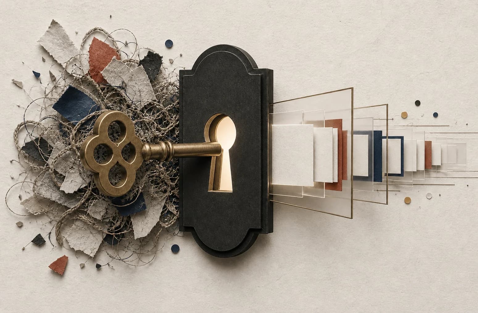 A brass skeleton key transforming a tangle of ideas into an orderly sequence of prompt cards