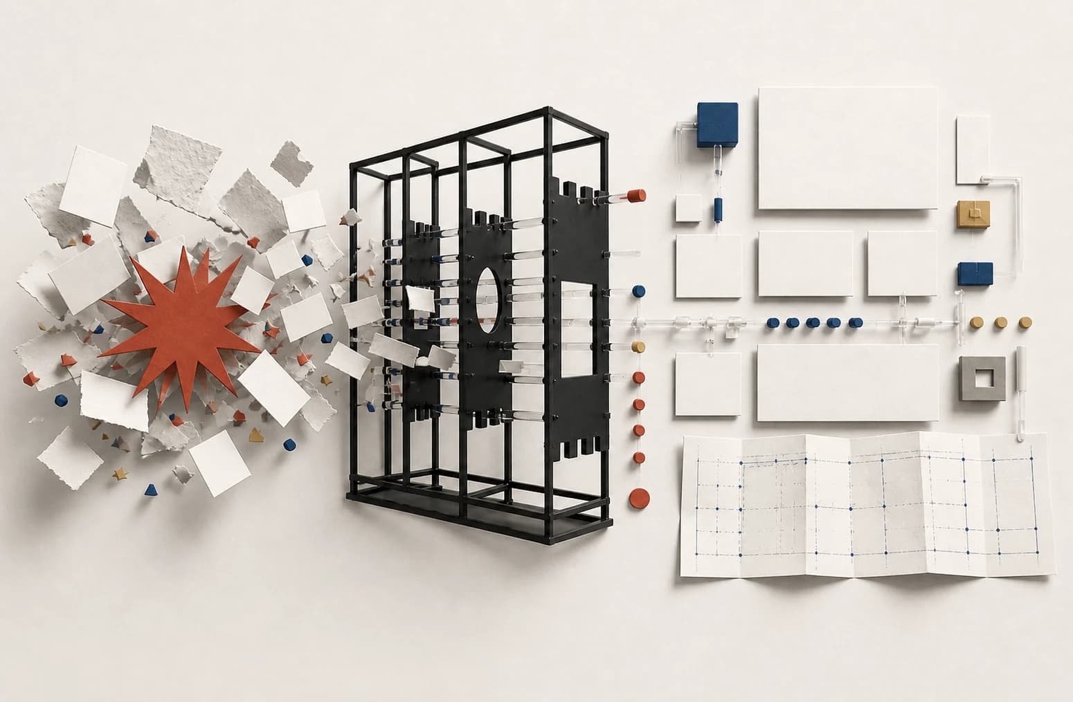 A rough product idea passing through a structured framework and emerging as a precise blueprint