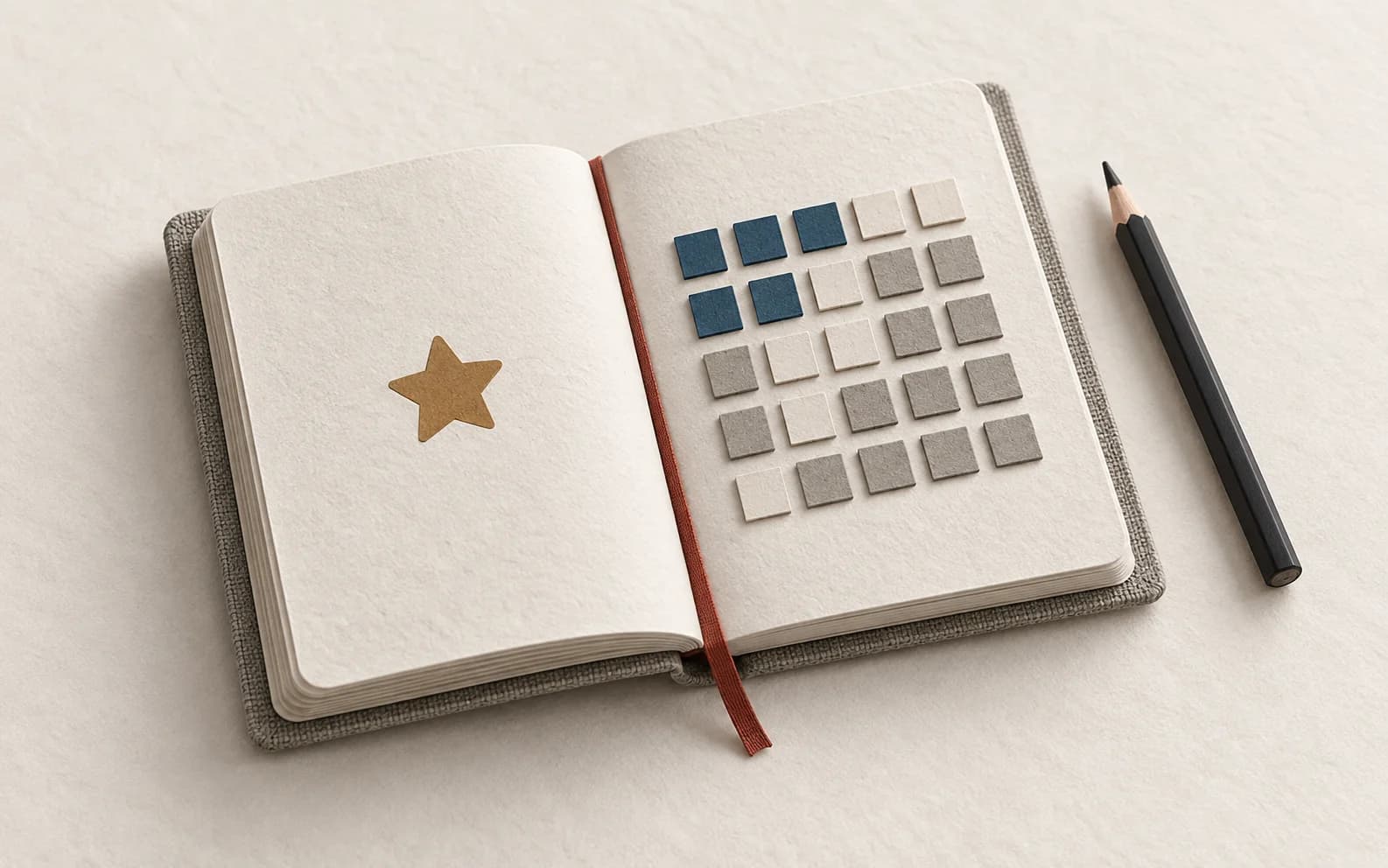 An open diary with counting tiles, a star reward sticker, a red bookmark, and a pencil