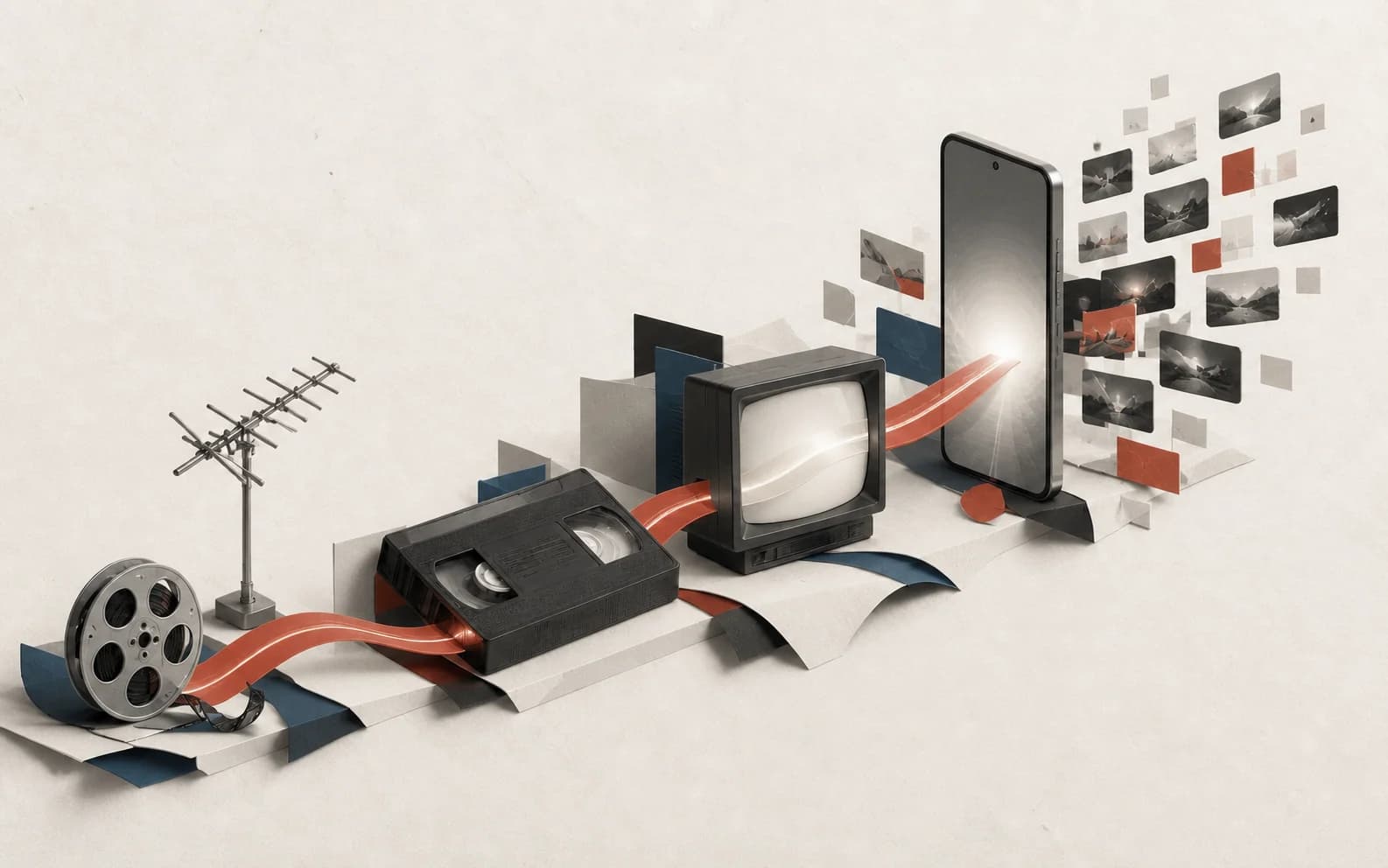 Film, broadcast television, VHS, and mobile video connected by a glowing ribbon