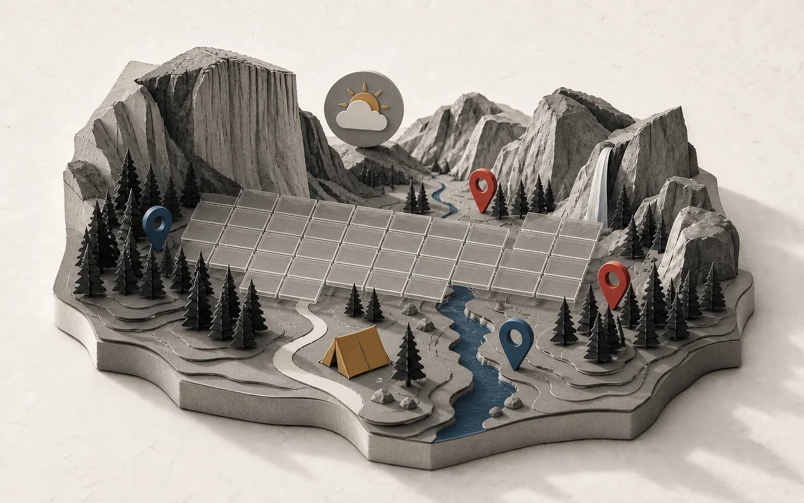 A miniature Yosemite landscape overlaid with crowd, weather, campsite, and map markers