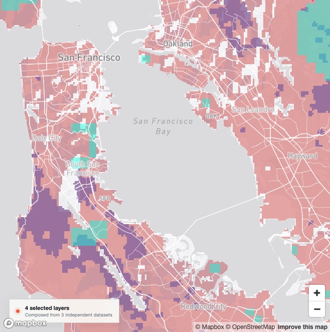 A MapScan composition showing very high fire hazard, extreme earthquake shaking risk, and high landslide susceptibility around the San Francisco Bay Area.