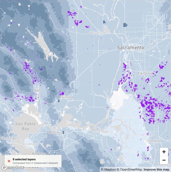 A MapScan composition showing purple grape-growing areas over blue elevation bands around the Sacramento–San Joaquin Delta.