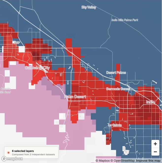 A MapScan composition of population, the driest rainfall band, and the highest wind band around Palm Desert, California.